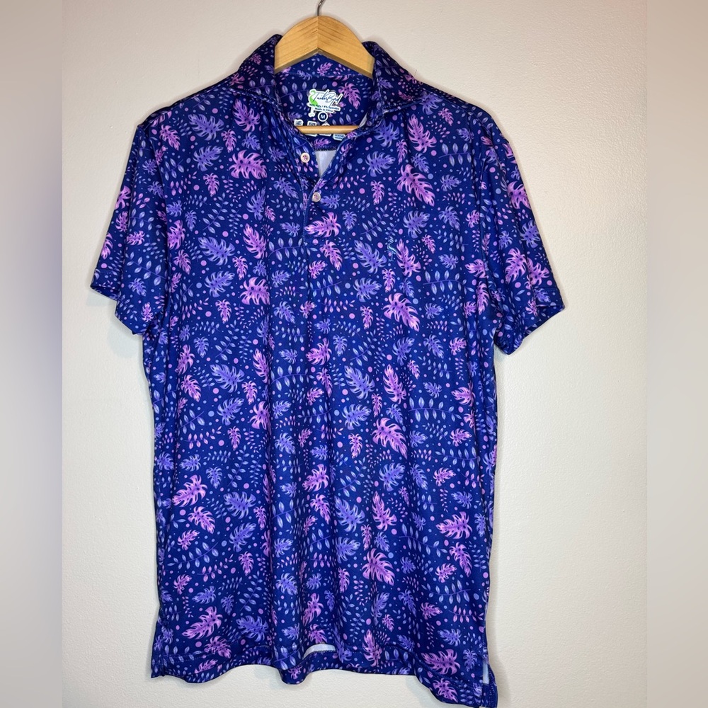 TailorByrd Purple Pink Tropical Leaf Performance Polo Shirt Size M SPF‎ 30